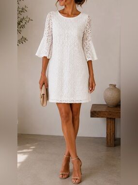 Sharagano White Lace Mini Dress with Bell Sleeves